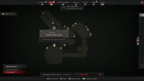 Diablo 4 season 3 screenshot of the Gatehall map and Vault of the Loom icon