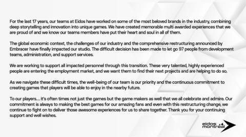 Eidos Montreal statement revealing the laying off of 97 employees