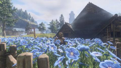 Enshrouded player standing in a flax farm