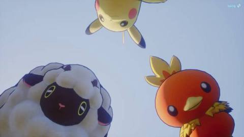 An image of Torchic, Pikachu, and Wooloo looking down at the camera in a mod for Palworld. 