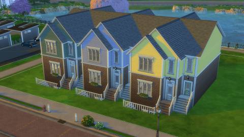 The Sims 4 build tips - A row of colorful townhomes with a hipped roof line.