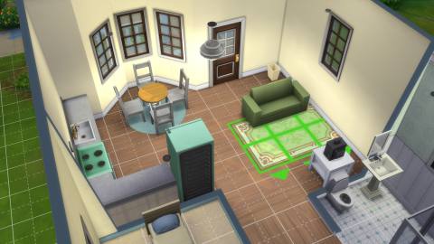 The Sims 4 build tips - In build mode, a rug being placed in a small living room.