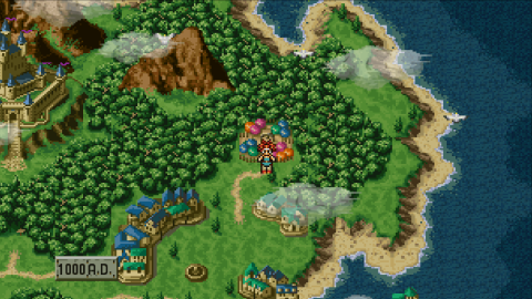 Best JRPGs - Chrono stands on the unblemished pixel art of the Chrono Trigger world map.