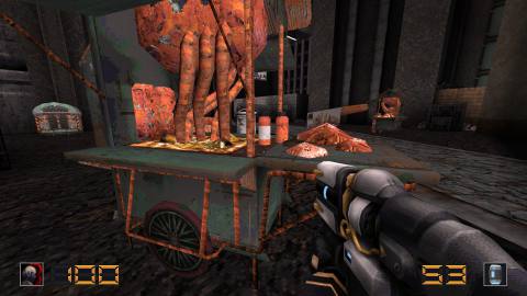 Slave Zero X Quake mod gameplay showing surreal cyberpunk city