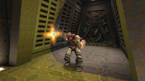 Taking on a Strogg in Quake and his chain gun firing of at an angle.