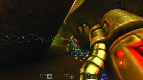 Firing a railgun in Quake 2.