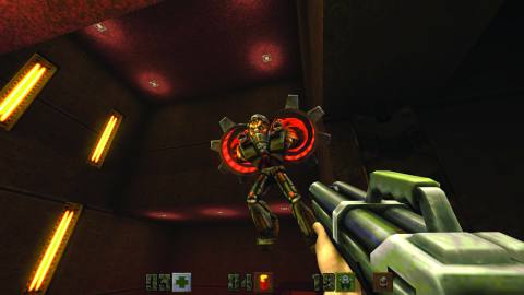Fighting a flying enemy in Quake 2.