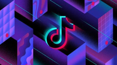 Illustration featuring purple and blue graphic lines and a TikTok logo