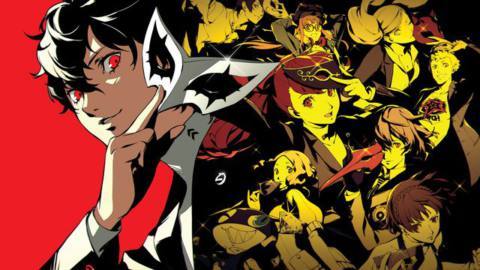Teen characters from Persona hold various masks against a red-and-black background.
