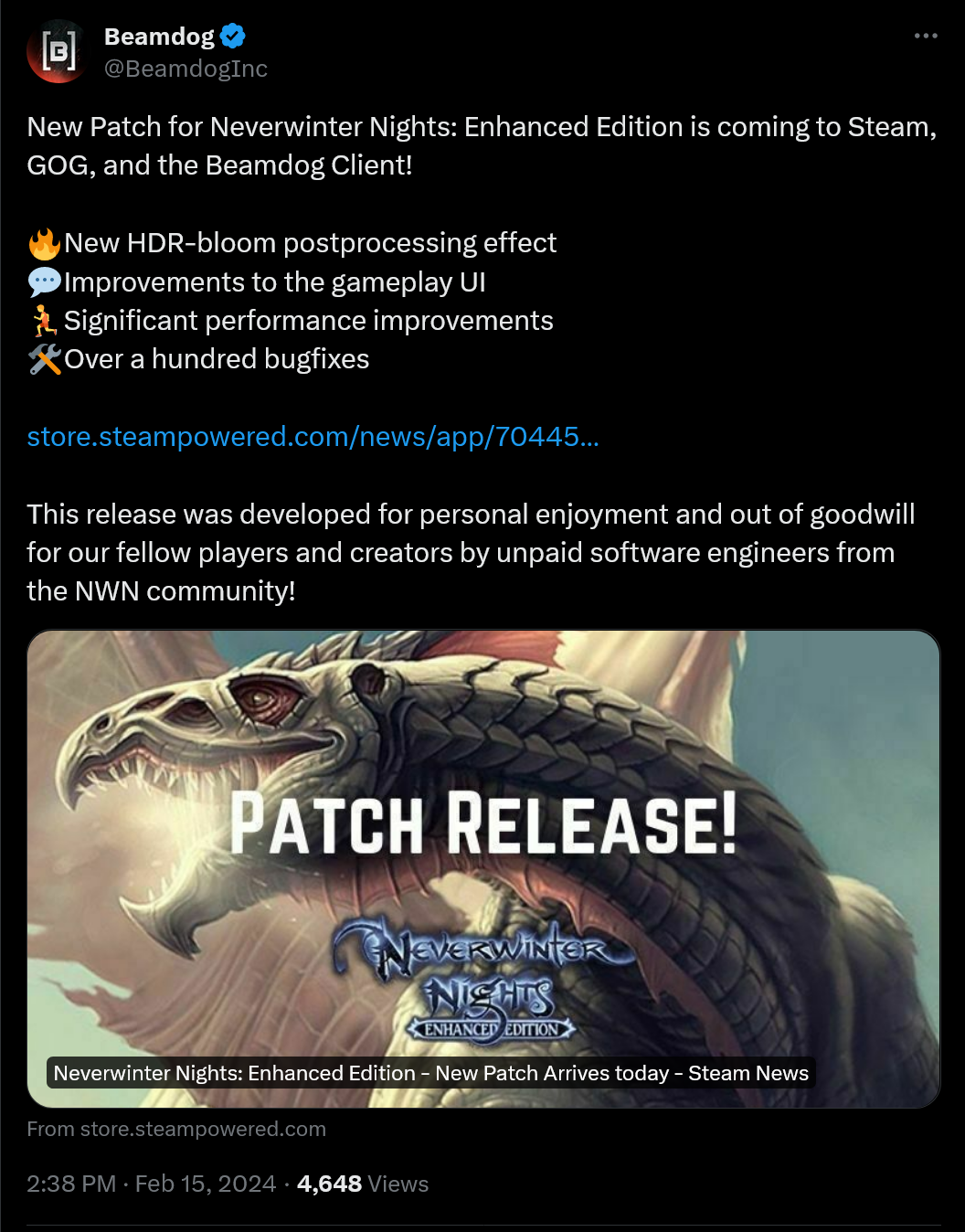 New Patch for Neverwinter Nights: Enhanced Edition is coming to Steam, GOG, and the Beamdog Client! 🔥New HDR-bloom postprocessing effect 💬Improvements to the gameplay UI 🏃Significant performance improvements 🛠Over a hundred bugfixes https://store.steampowered.com/news/app/704450/view/7597079377547967509