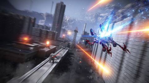 A lithe, spindly Armored Core mech flies toward a group of enemies in a factory-like environment in Armored Core 6 Fires of Rubicon