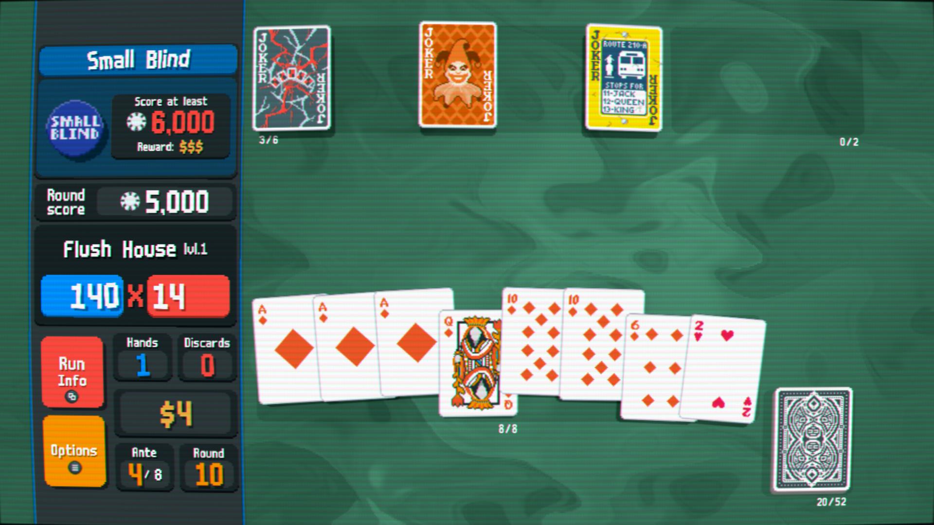 A flush that includes three Ace of Diamonds in Balatro.