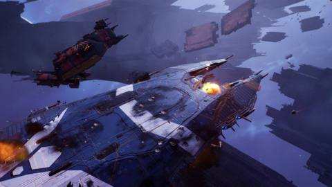 A screenshot from Homeworld 3, showing a damaged carrier