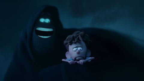 A being made of darkness smiles really big and holds a squirming young boy