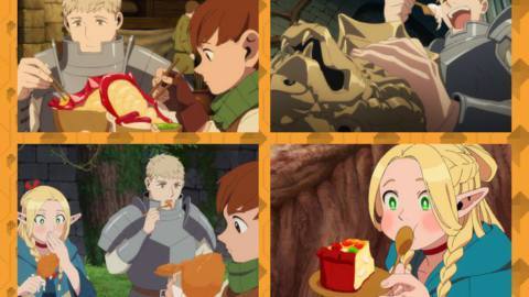 A two-by-two grid of screenshots from Delicious in Dungeon of the main cast tasting a variety of food encountered throughout the series.