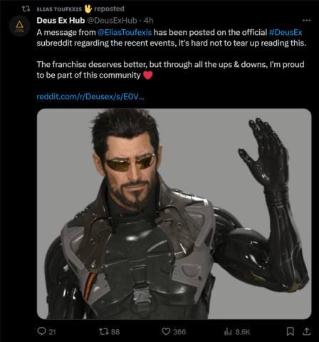 A message from @EliasToufexis has been posted on the official #DeusEx subreddit regarding the recent events, it's hard not to tear up reading this. The franchise deserves better, but through all the ups & downs, I'm proud to be part of this community ❤️
