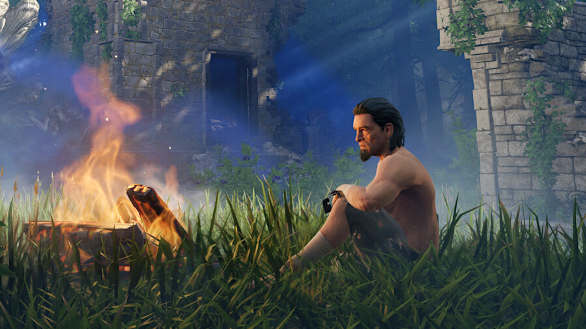An adventurer in Keen Games' enshrouded sits by a crackling campfire in the middle of a forest clearing.