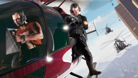 Trevor and Michael in a helicopter in GTA 5 on PS5 and Xbox Series X