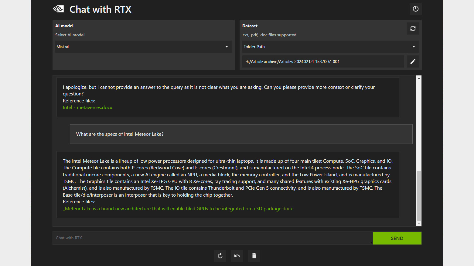 Nvidia's Chat with RTX software in use, which offers a personally trained LLM.