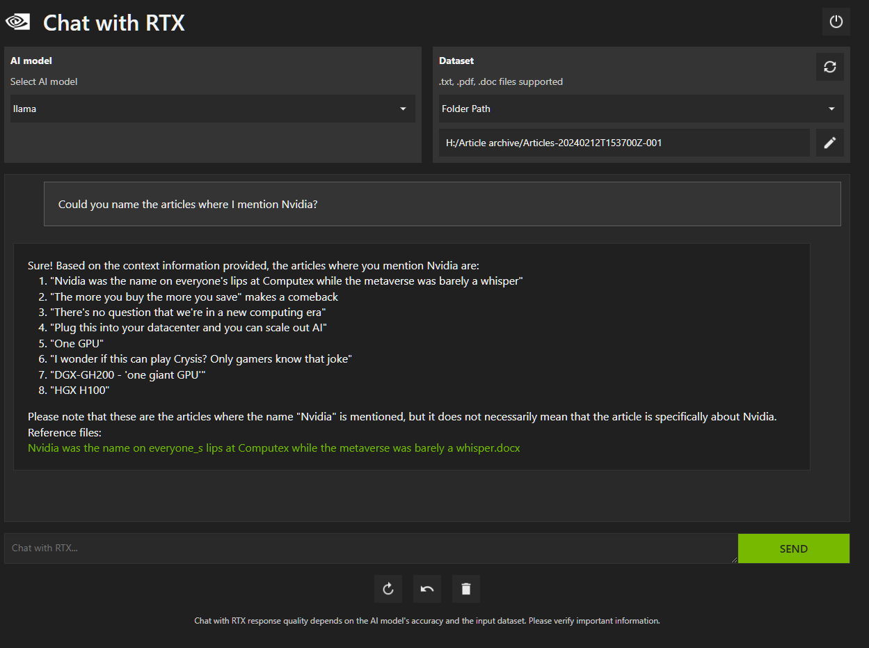 Nvidia's Chat with RTX software in use.