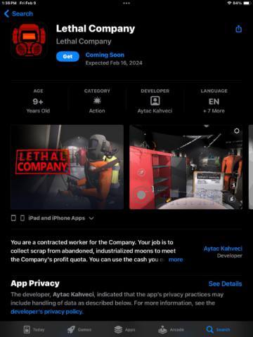Fradulent Lethal Company listing on the App Store