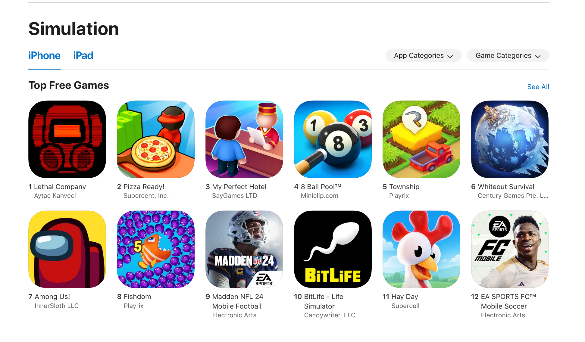 Lethal Company in the top spot in the App Store simulation category