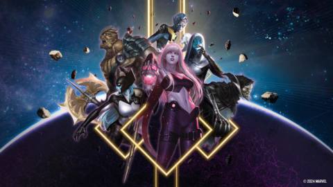 The Black Order stands in front of a planet silhouette in key art for the February 2024 Marvel Snap season caches.