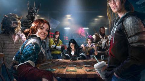 Key art from the initial reveal of Gwent: The Witcher Card Game shows a table with familiar characters — including a werewolf — in a fairly modern setting.