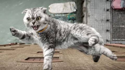 A black-and-grey-striped Scottish fold cat, rendered in not-very-convincing CG, falls flailing through the air in a scene from Matthew Vaughn’s Argylle