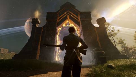A Realmwalker in Nightingale stands next to an open, ominous looking fantasy portal while holding a rifle.