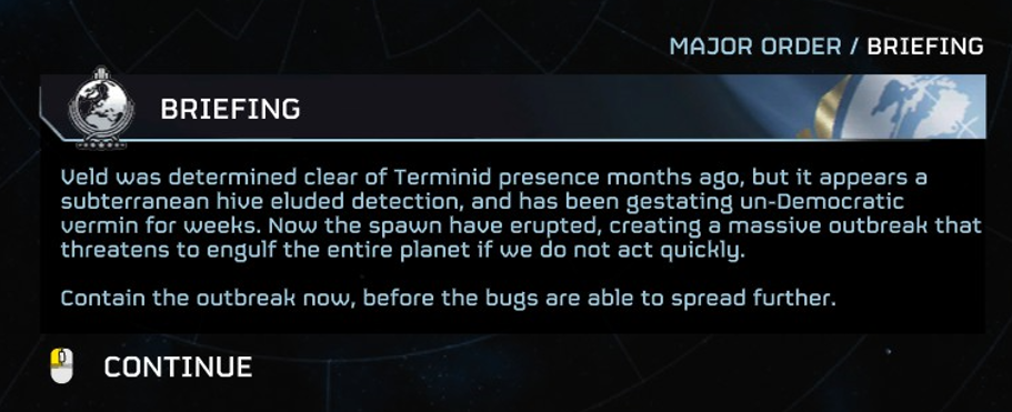A Helldivers 2 briefing informing players of their next target, Veld: A bug-ridden planet.