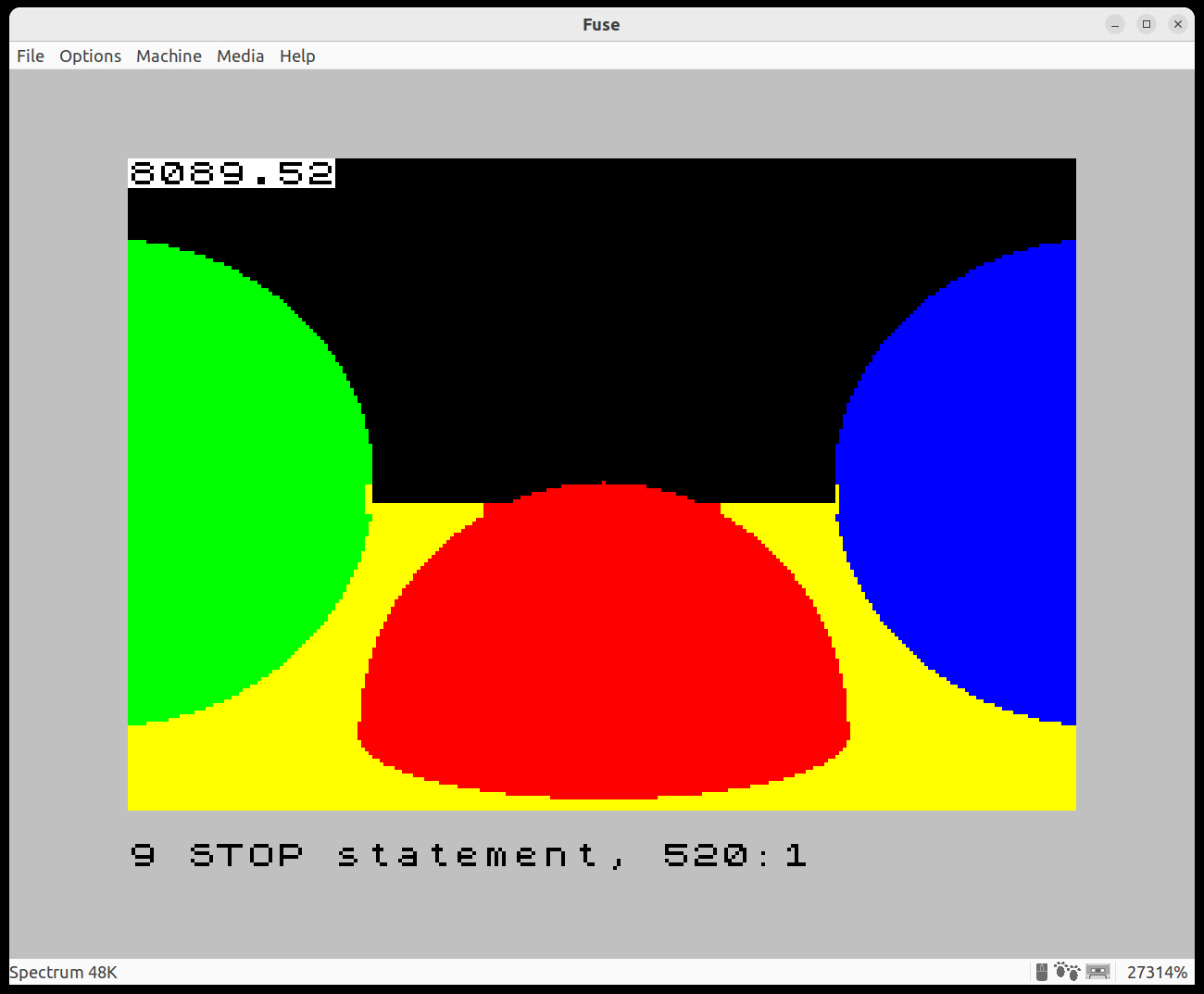 A ray-traced image on the ZX Spectrum showing attribute clash with optimisations to improve performance.