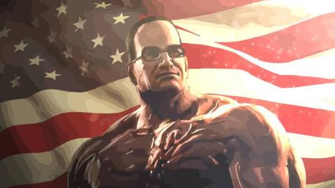 A screenshot of a shirtless politician in Metal Gear Rising: Revengeance