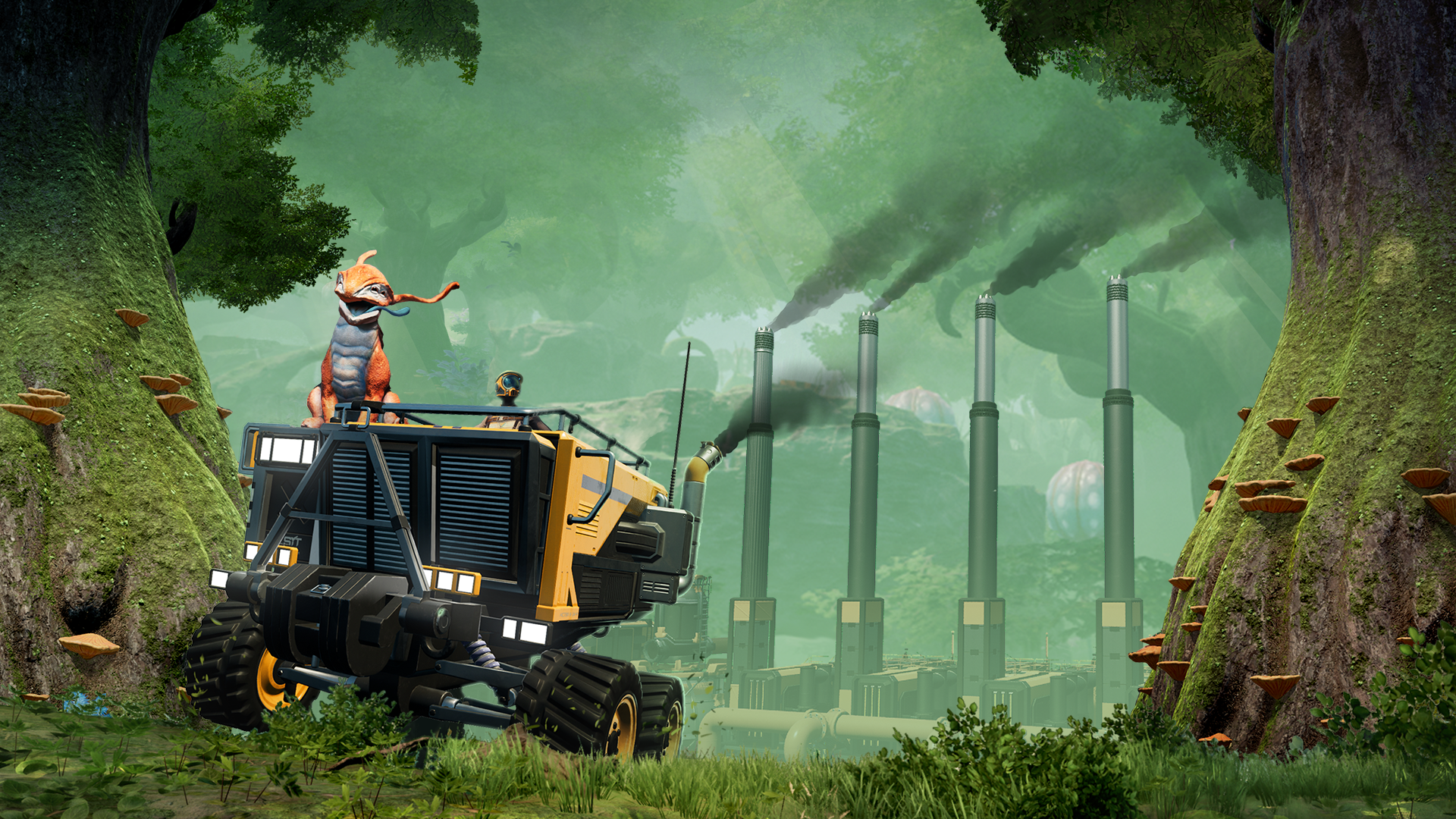 Promotional screenshot for videogame Satisfactory's 1.0 release announcement