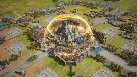 A city encased in a glowing dome in Age of Empires Mobile. 