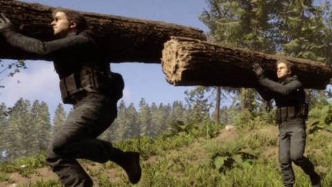 A pair of Kelvins carry logs in Sons Of the Forest