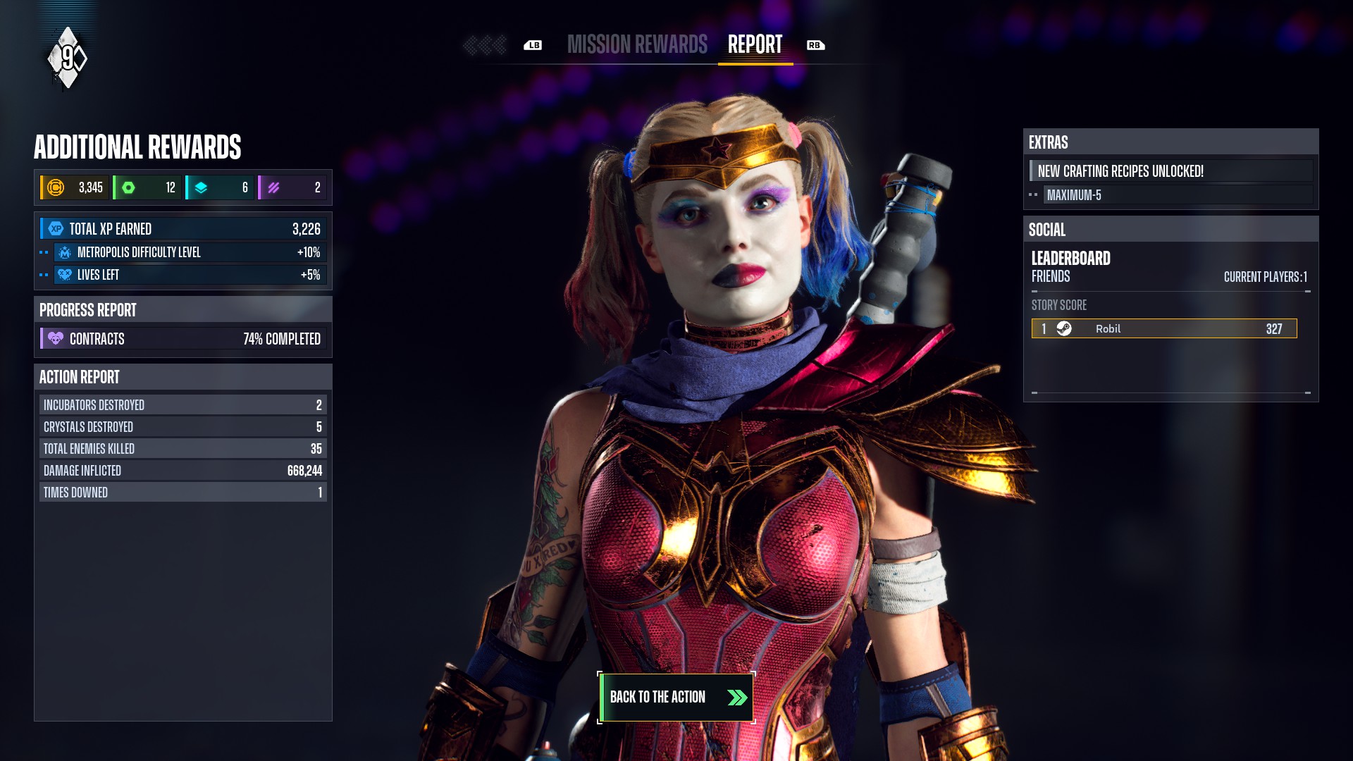 Harley Quinn on a mission results screen in Suicide Squad: Kill the Justice League.