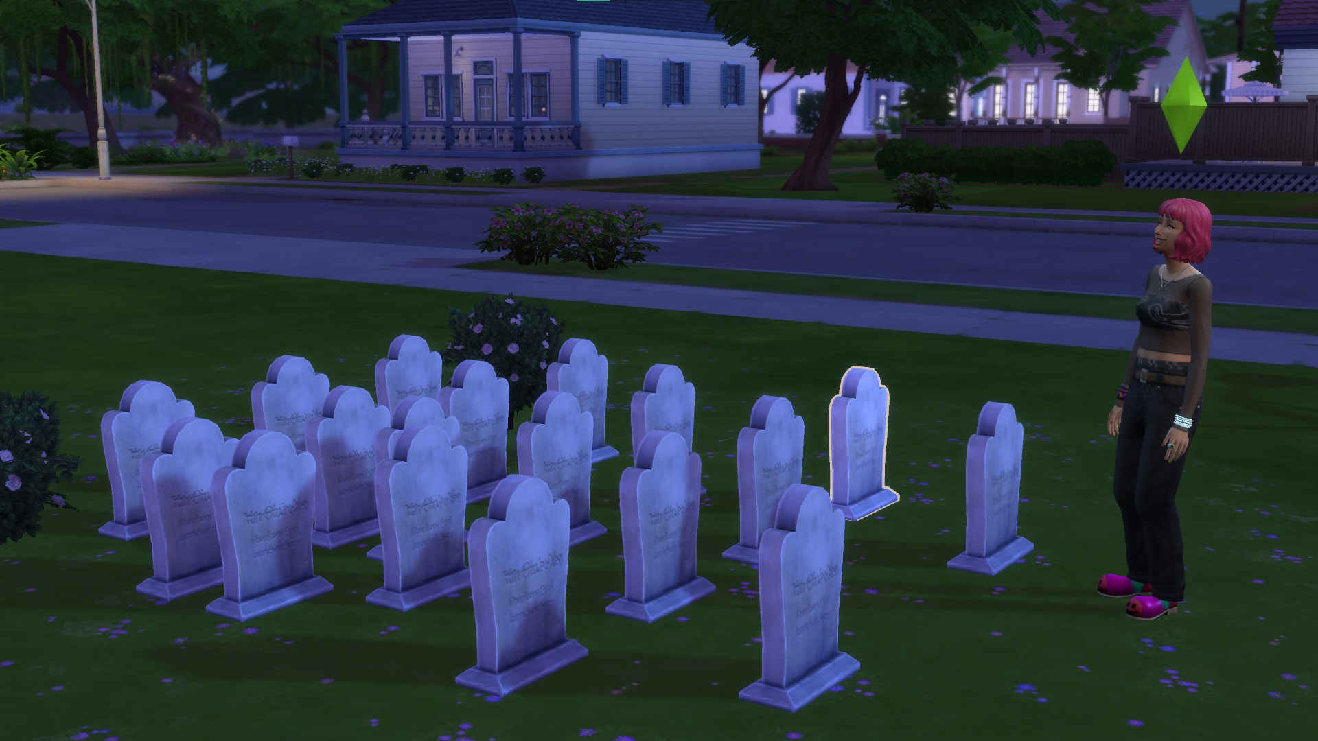 The Sims 4 - a pink haired sim stands in front of lots of grave markers in their yard