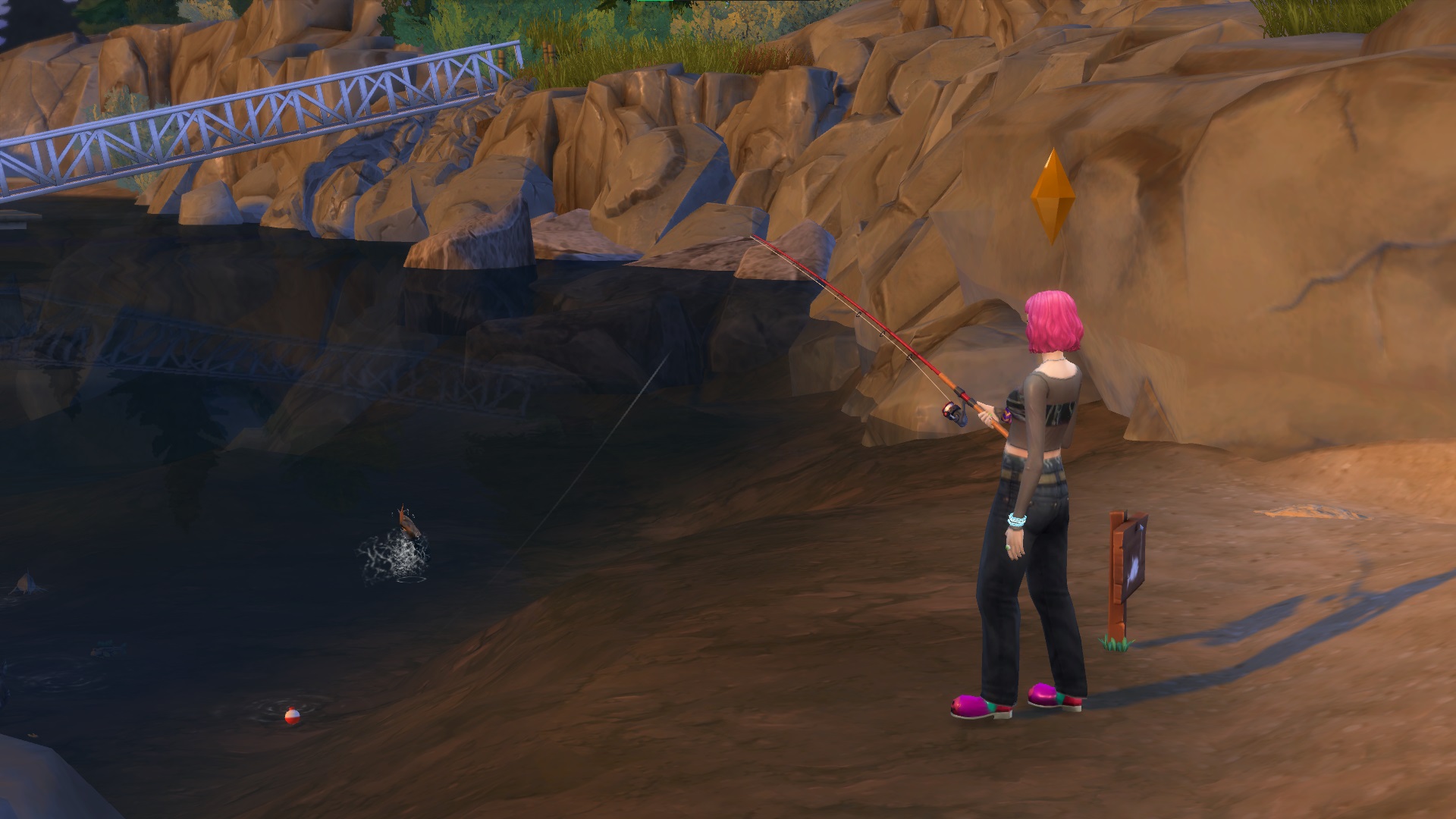 The Sims 4 - a pink-haired teen Sim fishes outside in a pond