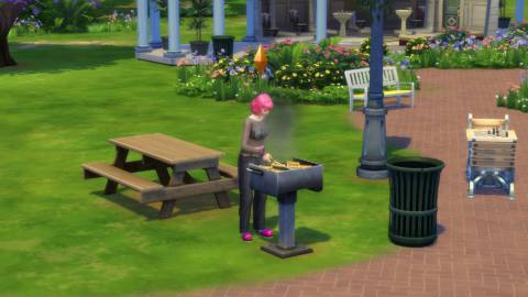 The Sims 4 - a pink haired sim grills a meal on a park grill outside