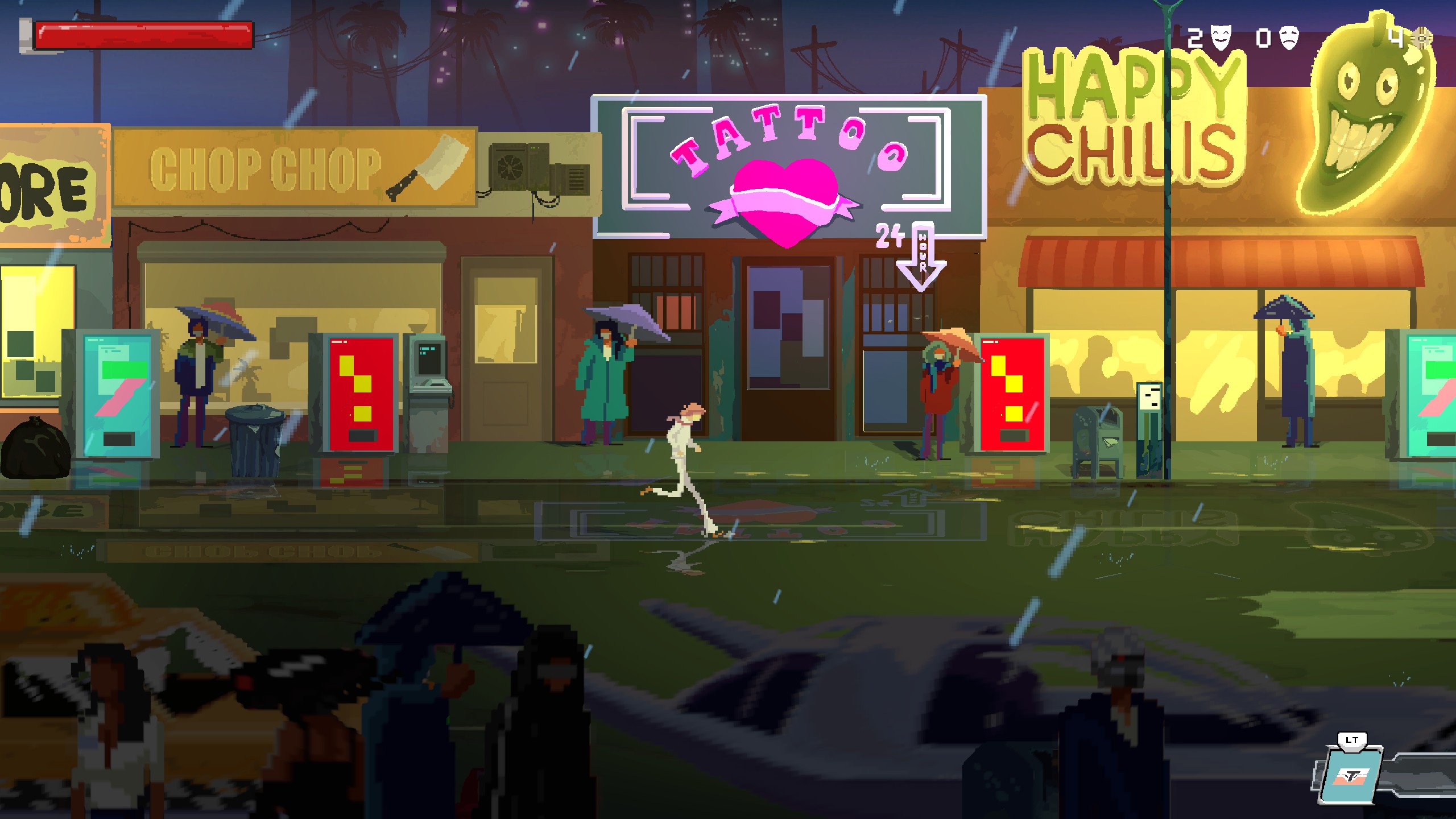 Agent 70 walking along neon-lit streets in Anomaly Agent.