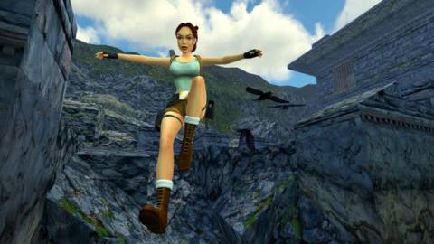 Lara Croft leaps from a crumbling stone structure while being chased by vultures in a screenshot from Tomb Raider 2 in the Tomb Raider 1-3 Remastered collection