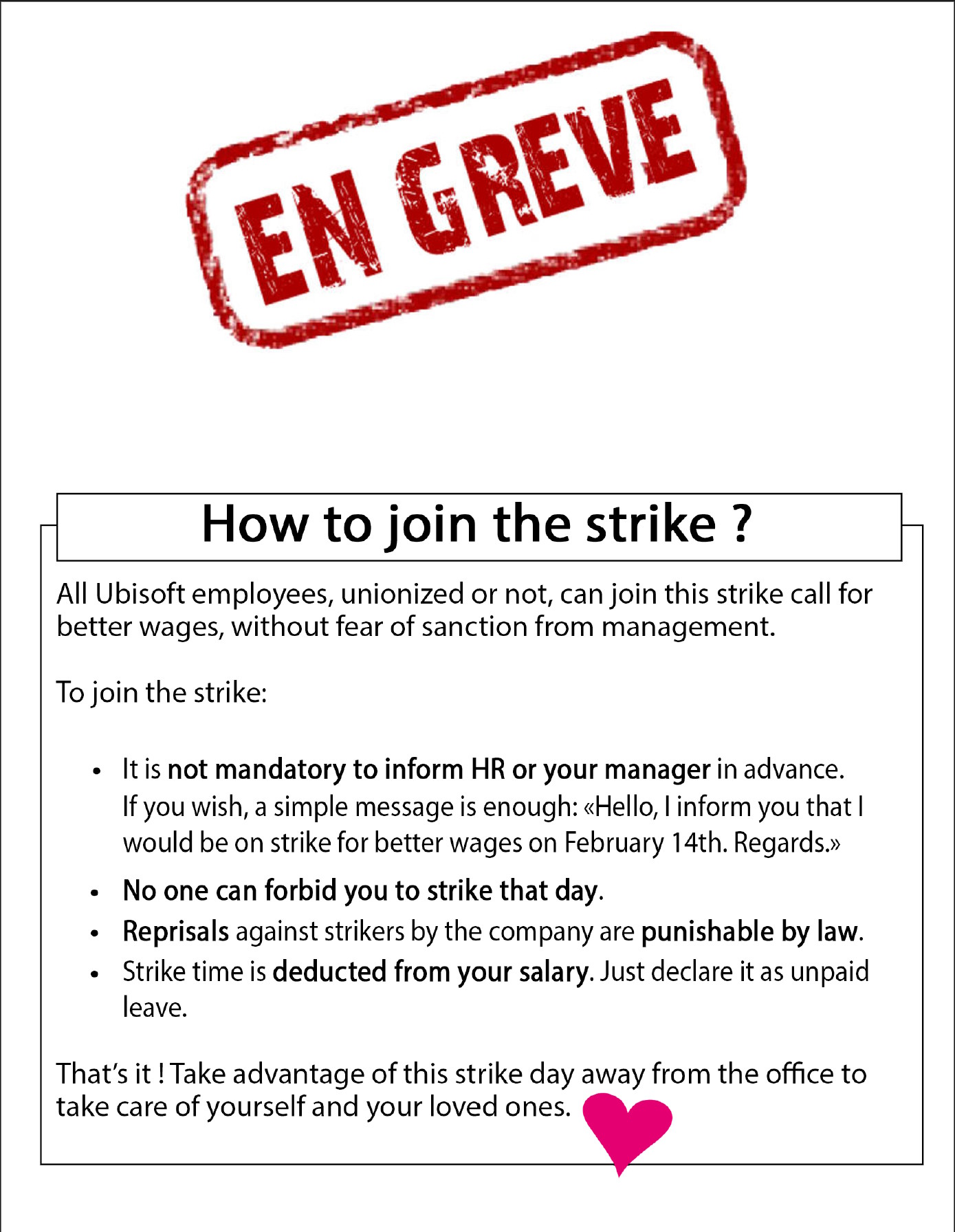 Solidaires Informatique leaflet calling for strikes at Ubisoft studios in France