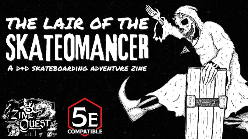 A lich doing a trick on a magic skateboard in The Lair of the Skateomancer.