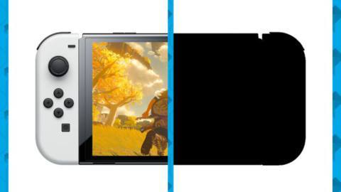 An image composition with a picture of a Nintendo Switch split into two equal parts. On the left, the Switch OLED is showing a screenshot from The Legend of Zelda: Tears of the Kingdom. The right half is obscured in black, as if to express that it’s Nintendo’s upcoming Switch 2.