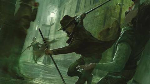 Artwork from the cover of the Spanish version of Brandon Sanderson’s book Shadows of Self shows a stylish character attacking another while dual-wielding staffs in an alley.