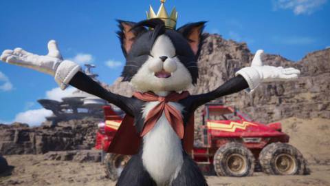 Cait Sith cheers with his arms up in FF7 Rebirth