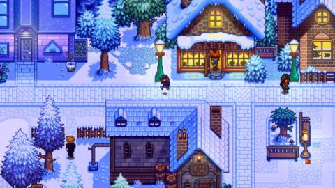 An image of ConcernedApe’s Haunted Chocolatier. It shows a pixelated character running through a snow-covered town. 