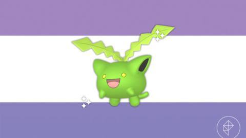 A shiny green Hoppip on a purple gradient background