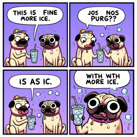 An AI generated image using the prompt: a four panel cartoon with the dog as a pug saying 'this is fine' with more ice
